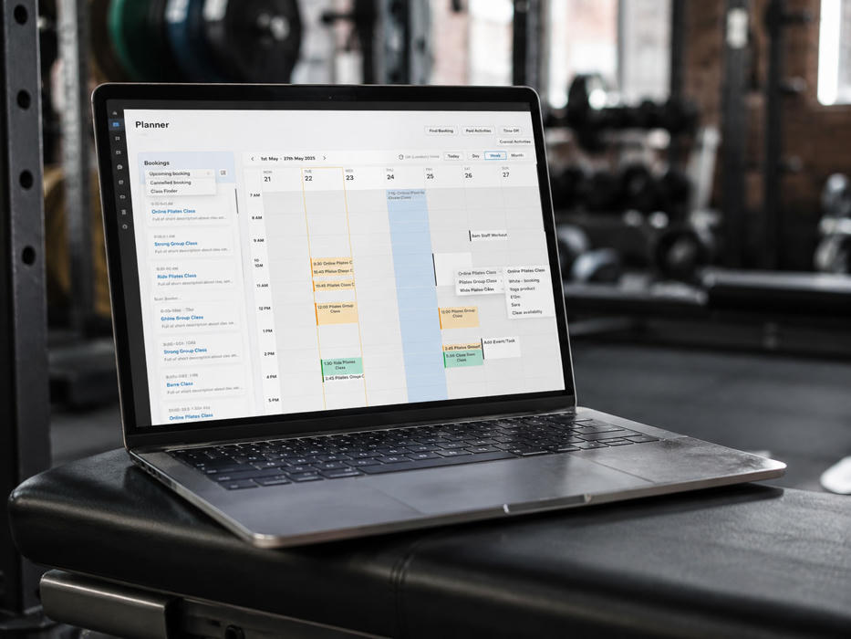 fibodo Planner scheduling dashboard on laptop in a gym